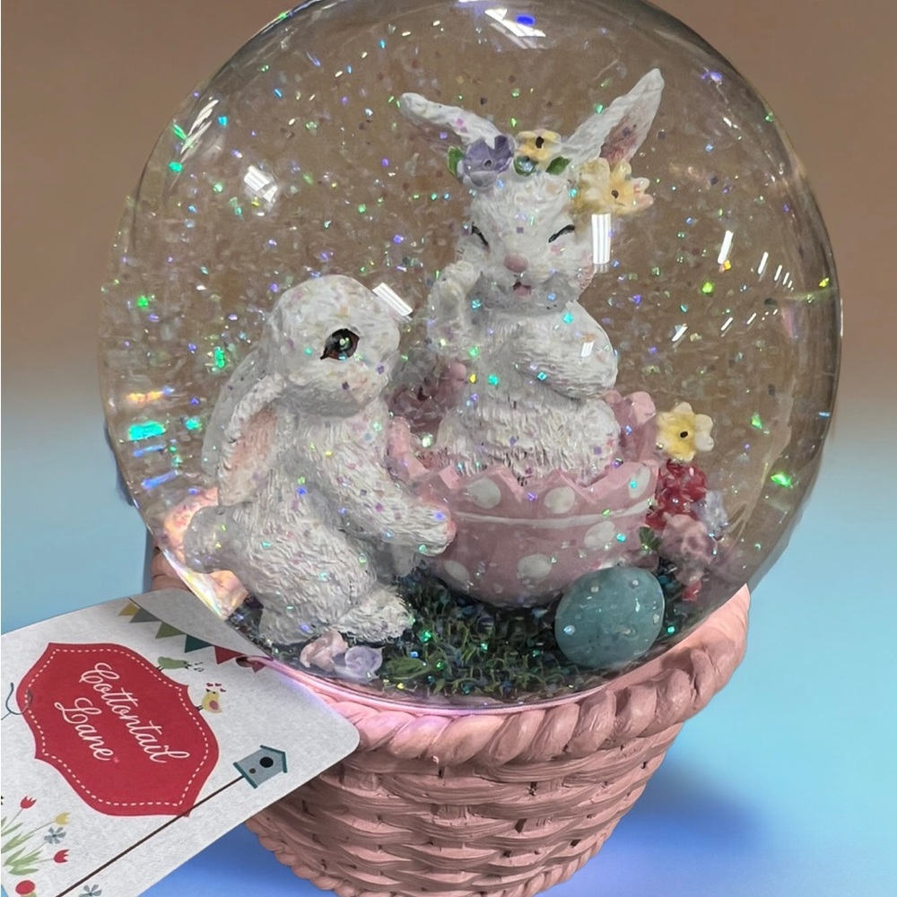 Cottontail Lane Pink Easter Bunny Egg Basket Glitter Waterglobe Spring Decor New